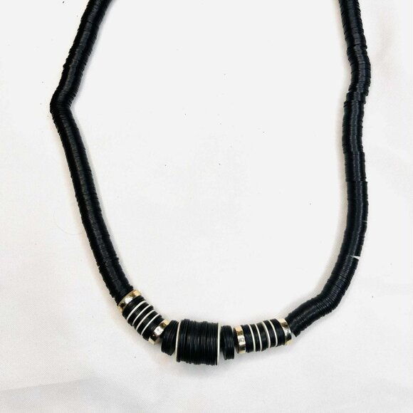 Vintage Handmade Black Disc Necklace 1980s, Layered Plastic Discs & Metal Accent - Picture 4 of 7